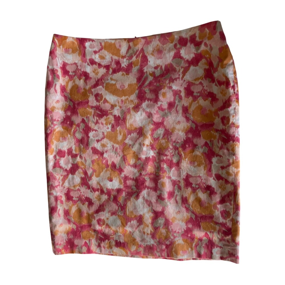 Talbots Womens 14 Watercolor Floral Pencil Skirt Pink Orange Cotton Stretch